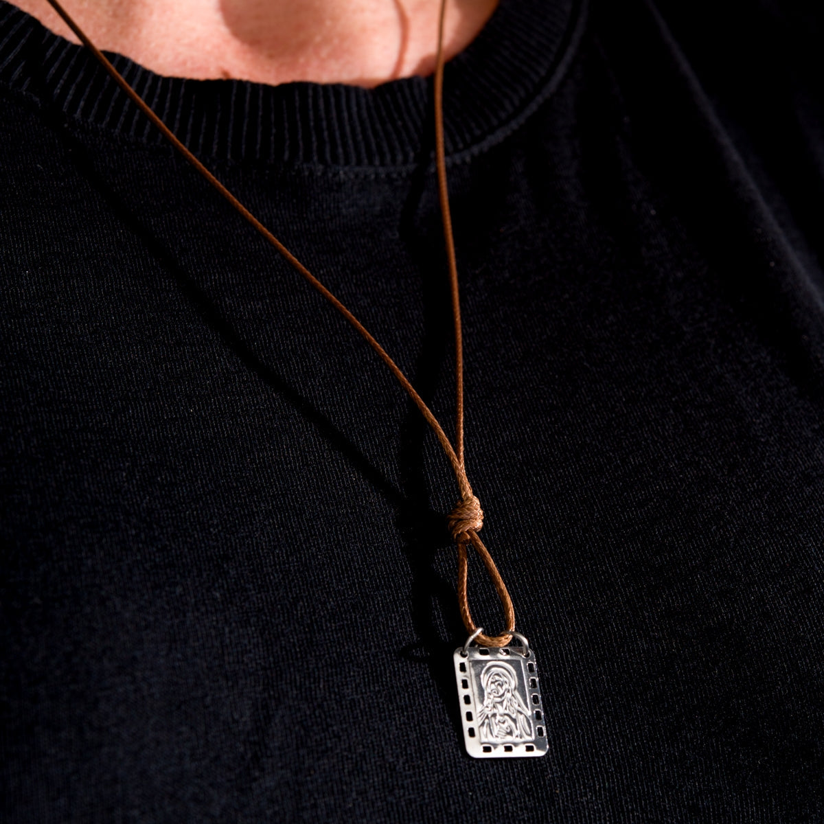 CA-RIO-CA Nossa Senhora do Carmo Scapular with brown leather cord - Men's Necklace - Male Jewelry