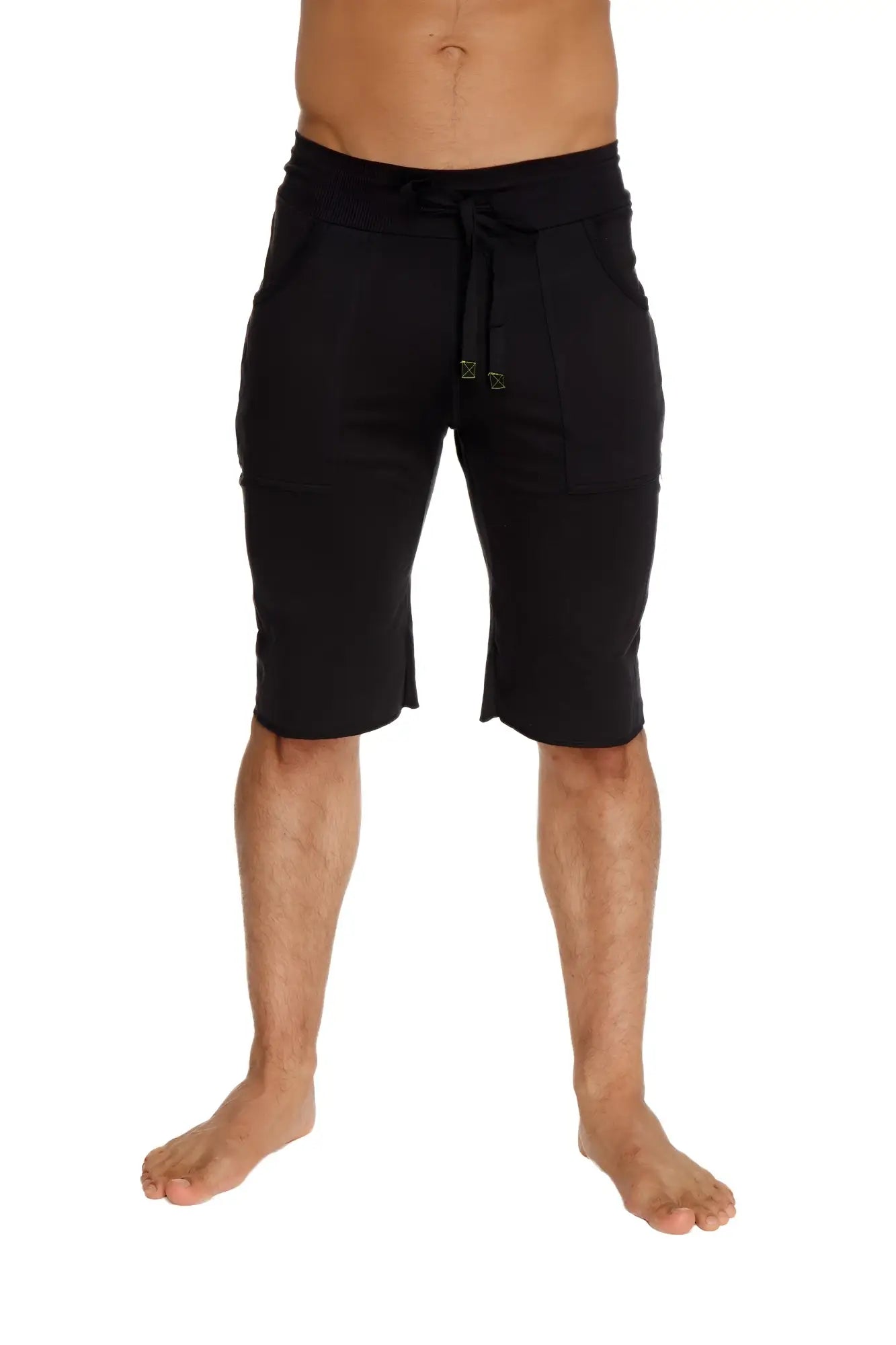 Eco-track short black drawstring shorts made of soft stretchy fabric with a subtle gold logo on the front