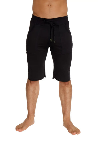 Eco-track short black drawstring shorts made of soft stretchy fabric with a subtle gold logo on the front
