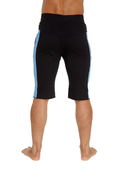 Eco-track short black with ice featuring light blue side stripes made from eco-friendly material for athletic use
