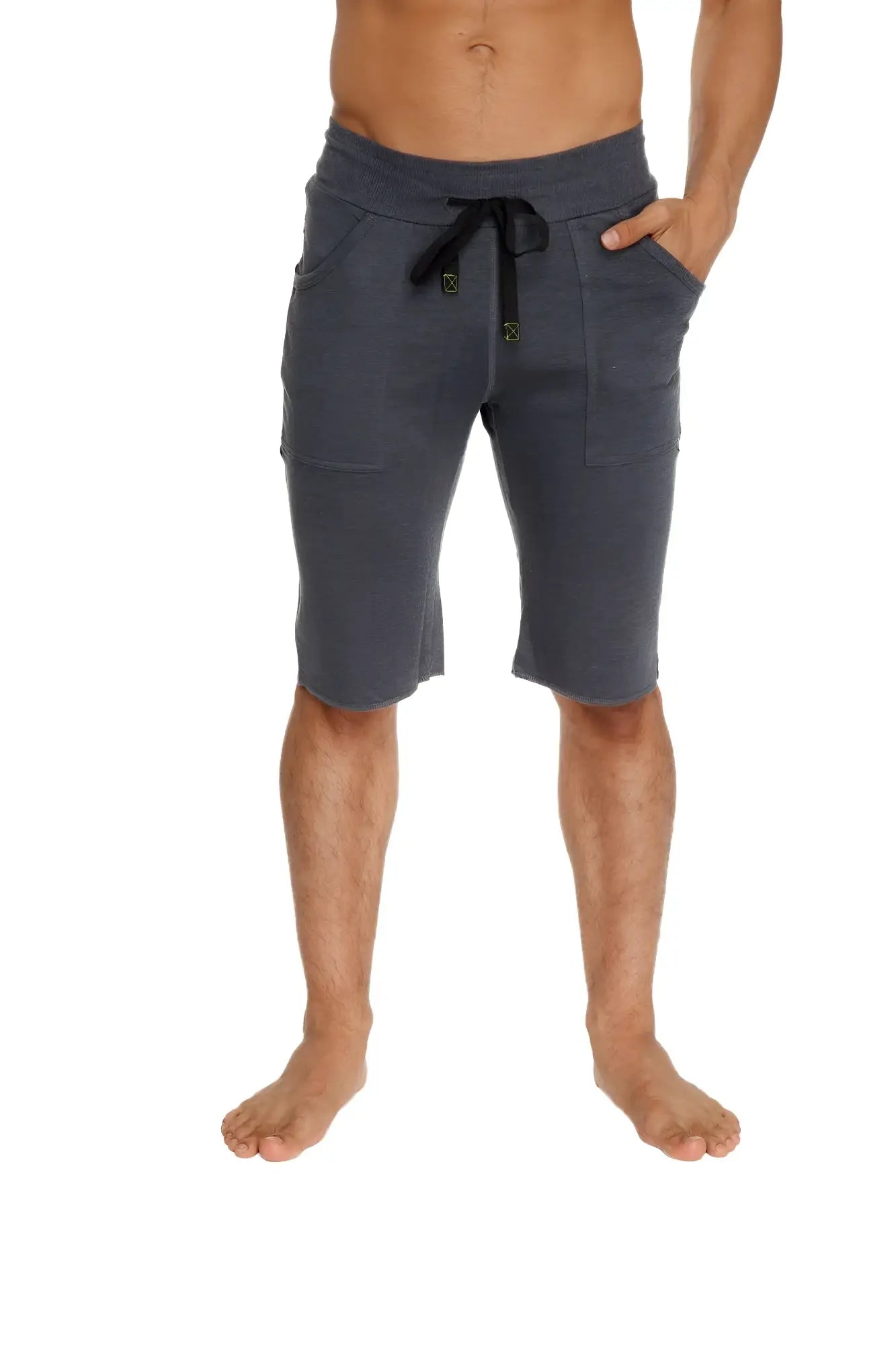 Eco-track short in charcoal with black soft textured fabric featuring a drawstring waistband and two front pockets