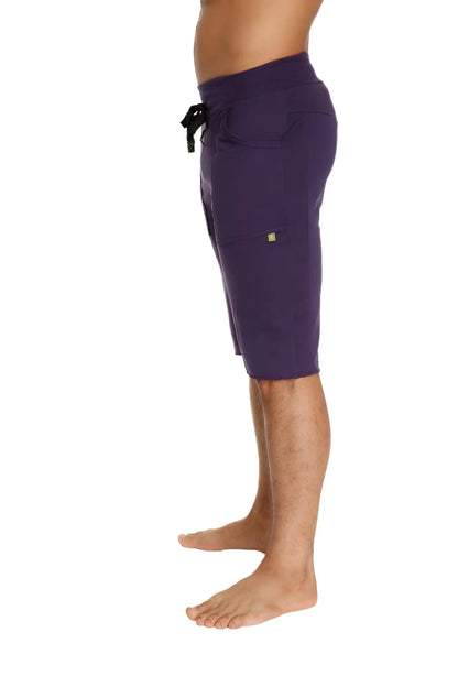 Eco-track short eggplant purple athletic shorts with drawstring waistband side pockets and yellow logo on thigh