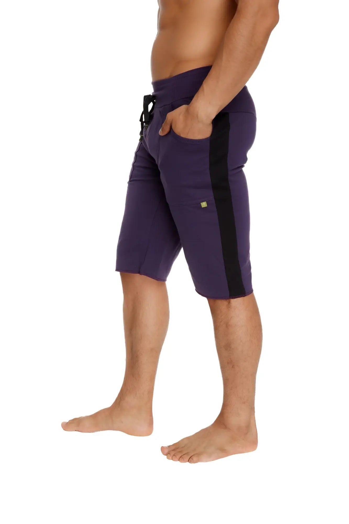 Eco-track short eggplant with black featuring purple athletic shorts with black side stripe and drawstring waistband