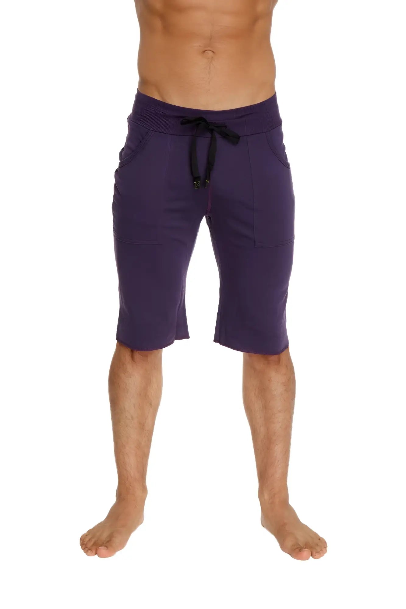 Eco-track short in eggplant with a black drawstring waistband made from eco-friendly material for athletic use