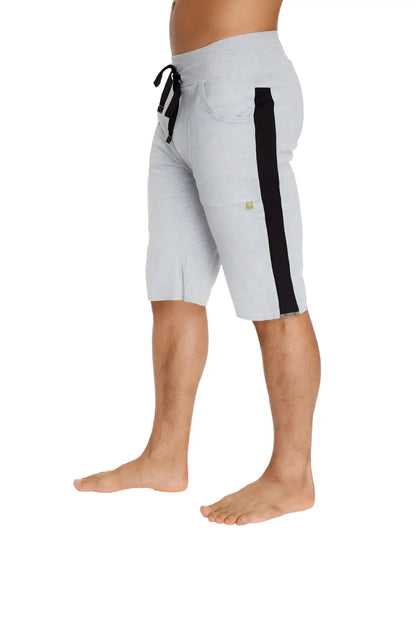 Eco-track short in heather grey with black vertical stripe and matching drawstring waistband made from lightweight fabric