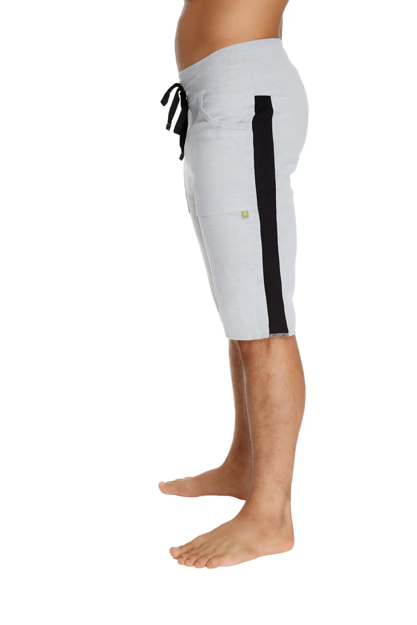 Eco-track short heather grey with black vertical stripe and drawstring waistband made of light gray athletic fabric