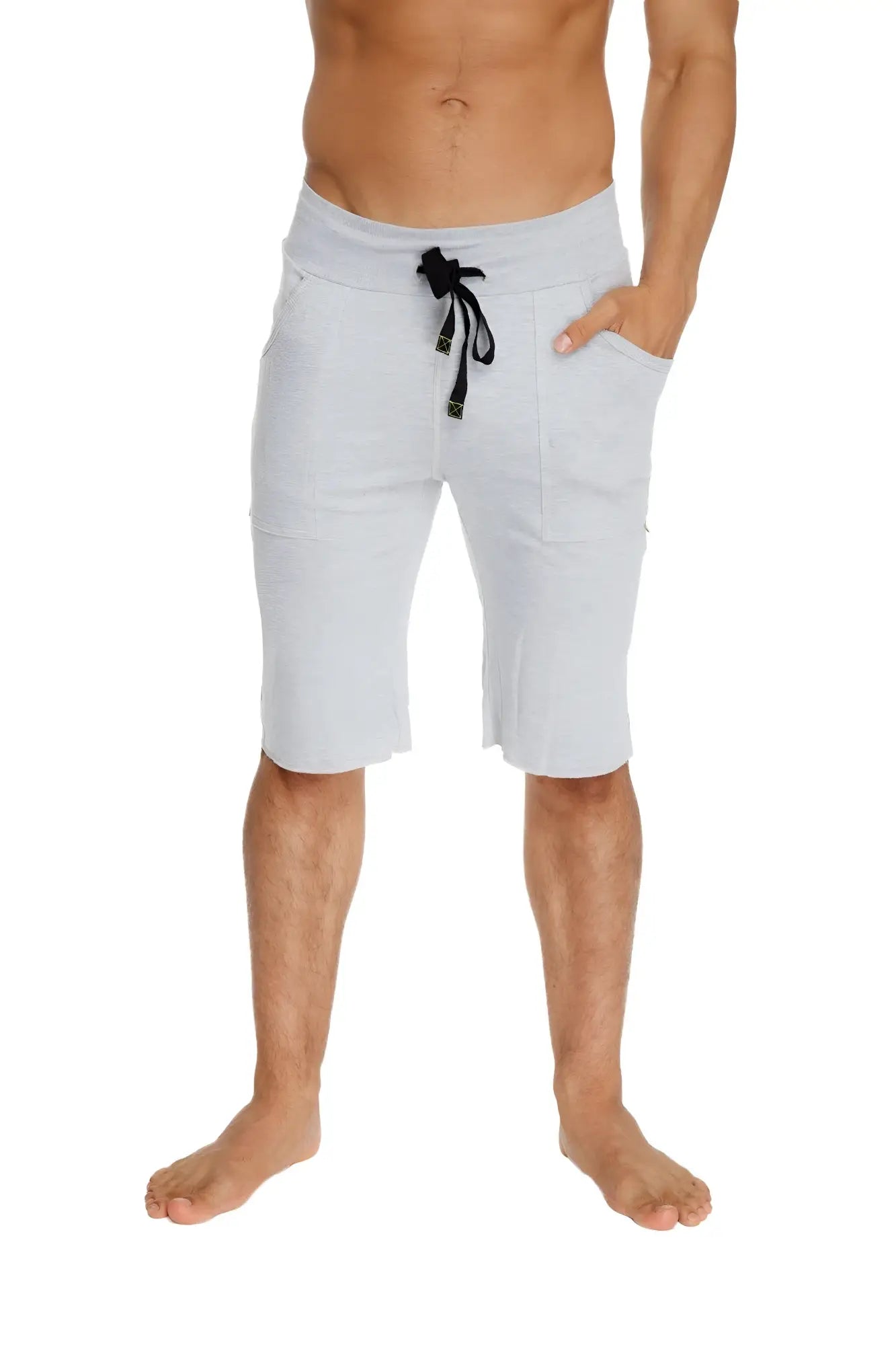 Eco-track short heather grey with black drawstring waistband in soft light gray fabric with two front pockets