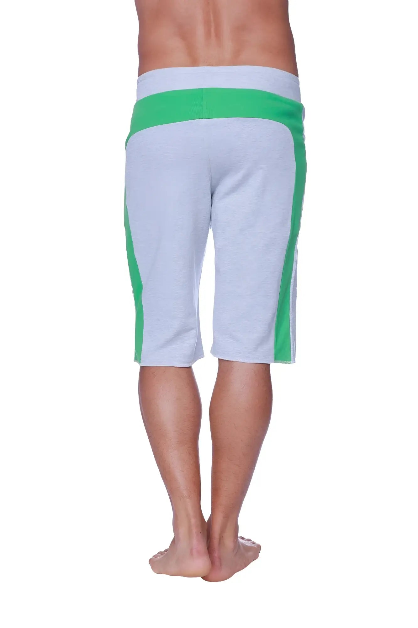 Eco-track short in heather grey with green featuring a ribbed waistband made for athletic use