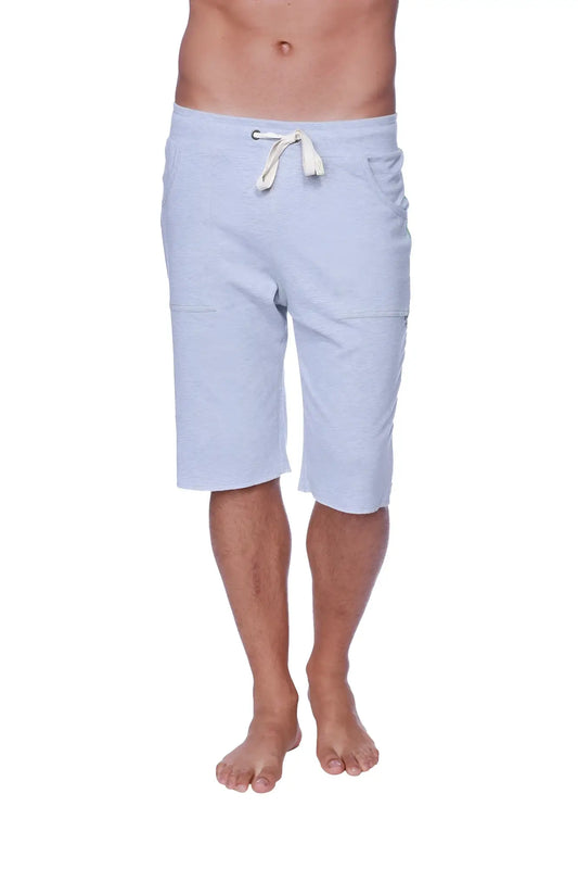 Eco-track short heather grey with green in light blue heathered cotton with white drawstring and side pockets
