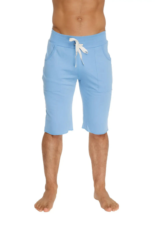 Eco-Track short ice blue soft textured shorts with white drawstring waistband and two front pockets