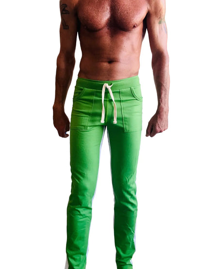Eco-track and yoga sweat pant in bamboo green with white drawstrings featuring side pockets for athletic use