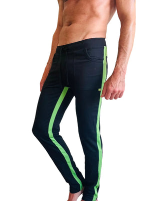 Black eco-track and yoga sweat pant featuring vibrant bamboo green neon side stripes made from sustainable fabric