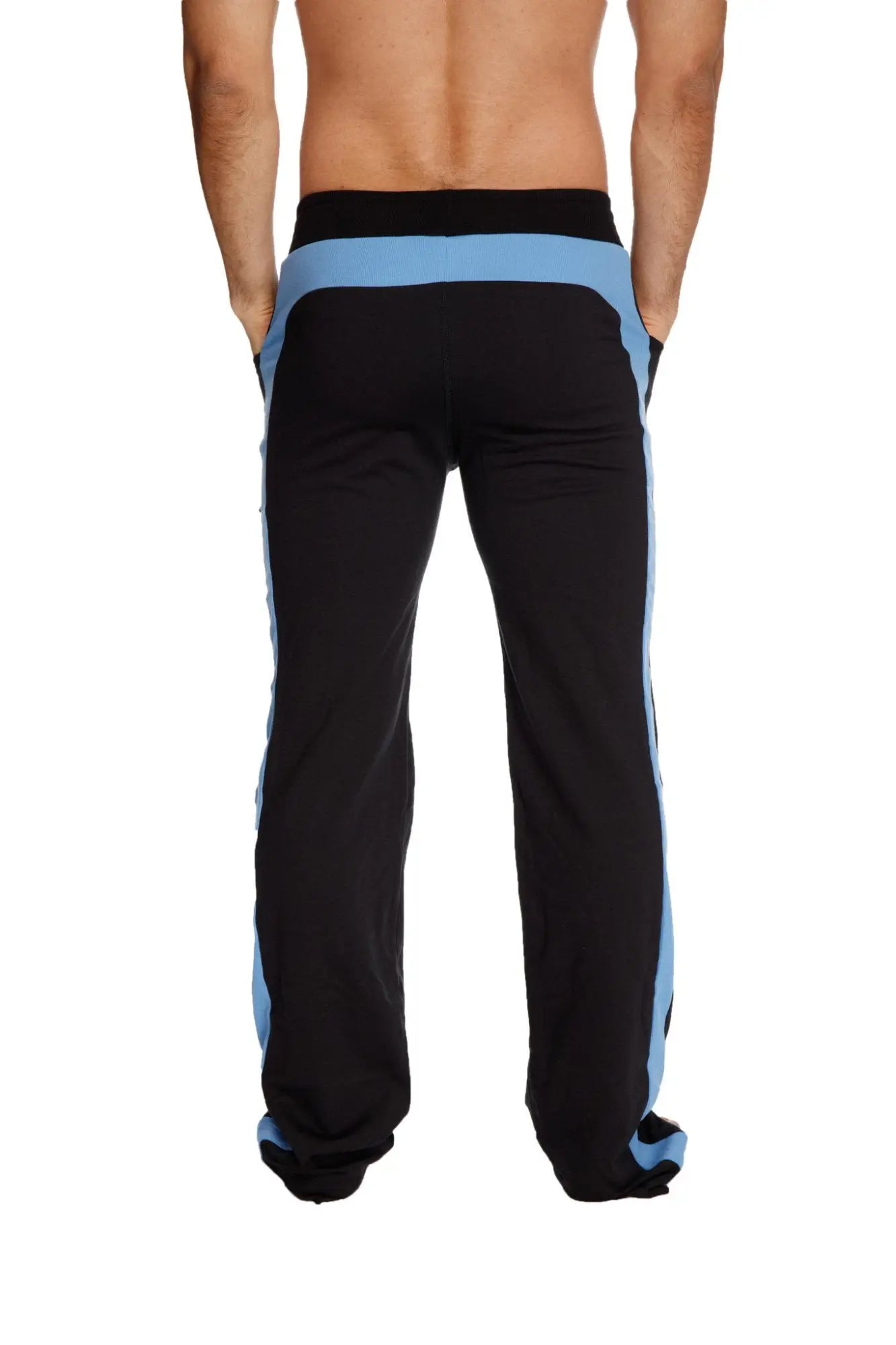 Black eco-track and yoga sweat pants with light blue side stripes and waistband designed for comfort and movement
