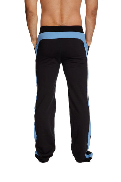Black eco-track and yoga sweat pants with light blue side stripes and waistband designed for comfort and movement