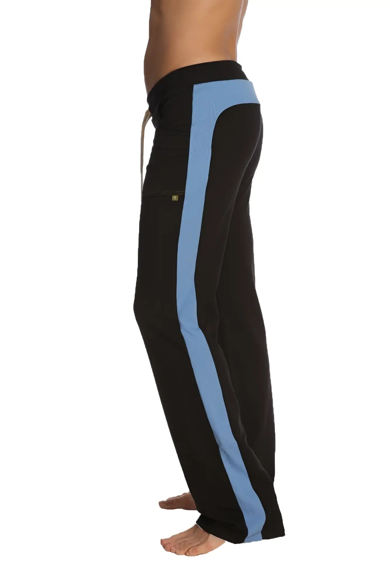 Eco-Track & yoga sweat pant in black with ice blue side stripe, elastic waistband, and logo patch on thigh