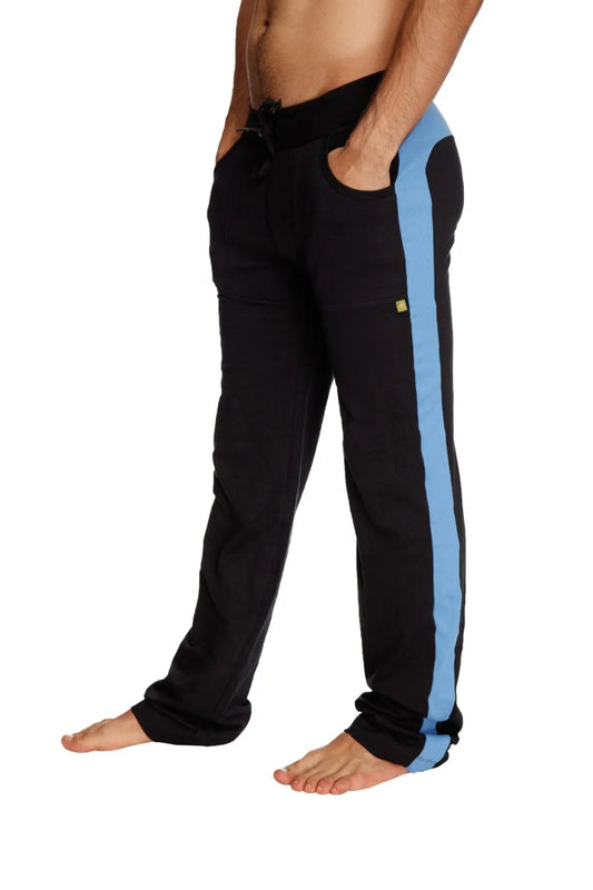 Black eco-track and yoga sweat pant with ice blue stripe drawstring waist and elastic cuffs for athletic wear