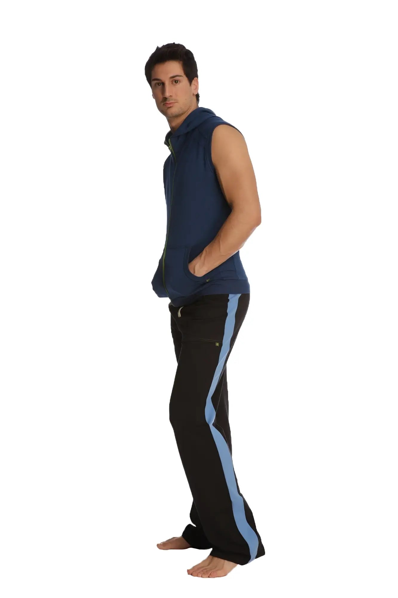A navy blue sleeveless hooded vest with front zipper and side pockets paired with black eco-track and yoga sweat pants with ice blue stripes