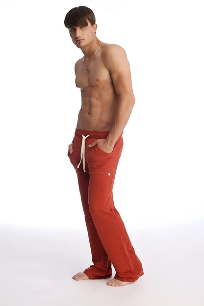 Eco-track and yoga sweat pant cinnabar red athletic pants with white drawstrings and side pockets in soft fabric