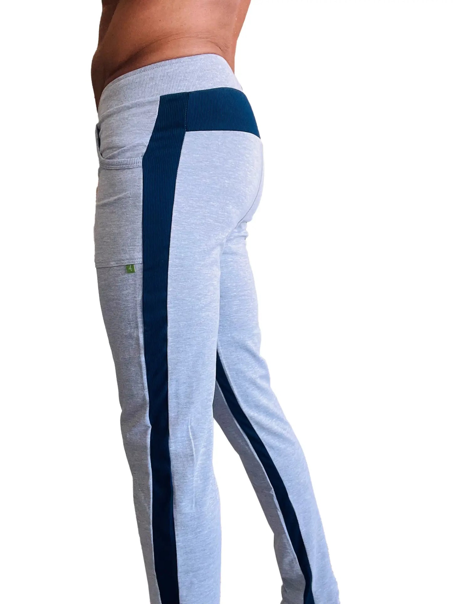 Eco-track yoga sweat pant in heather grey with navy blue ribbed side stripe and waistband made from soft fabric