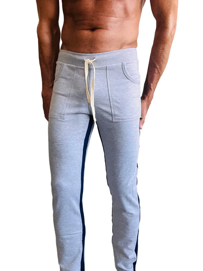 Eco-track and yoga sweat pant heather grey with blue side stripes cream drawstring lightweight sweatpants