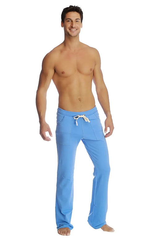 Light blue soft fabric eco-track and yoga sweat pant with white drawstring waistband for comfortable workouts