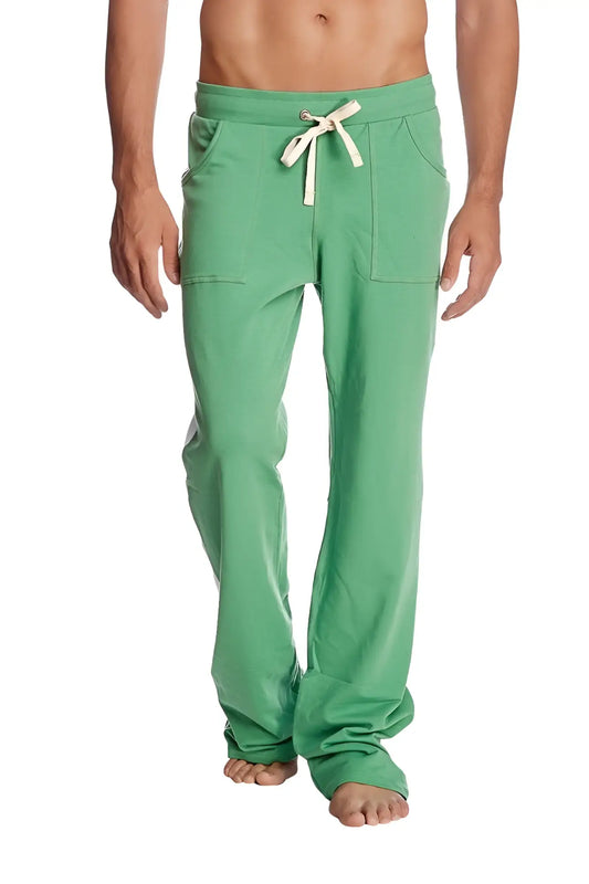 Eco-track and yoga sweat pant in solid bamboo green with green drawstring, two front pockets, and relaxed loose fit