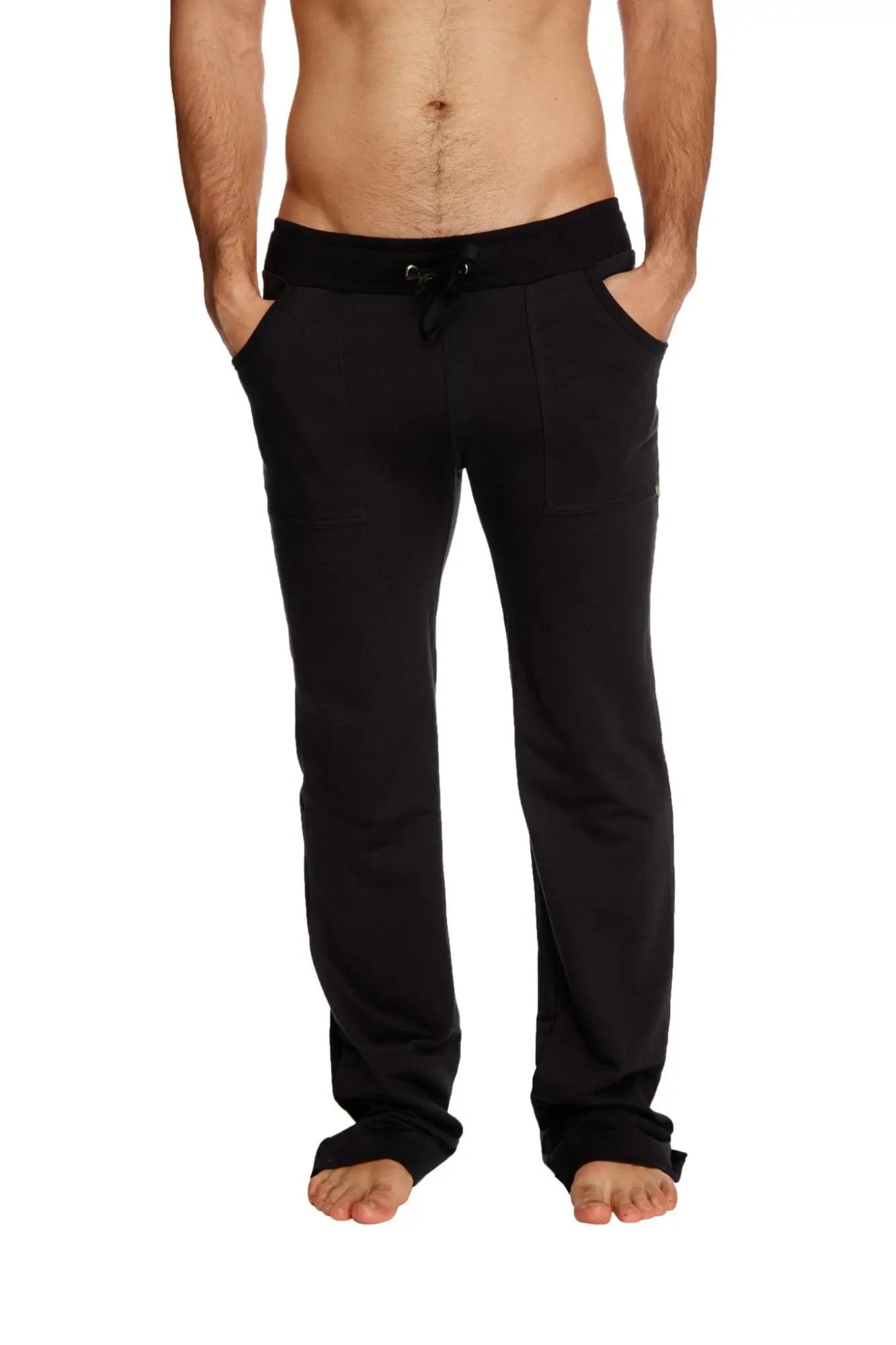 Black eco-track and yoga sweat pant with relaxed fit drawstring waist and side pockets for comfortable wear