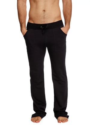 Black eco-track and yoga sweat pant with relaxed fit drawstring waist and side pockets for comfortable wear