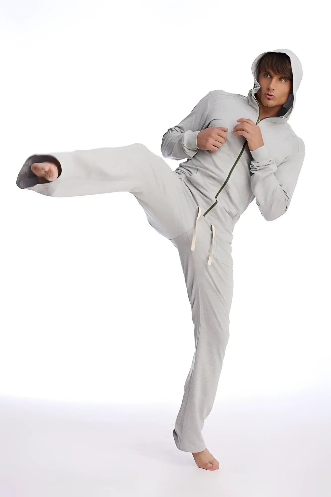 Light gray solid heather grey eco-track and yoga sweat pant set with full-zip front dark green zipper pull and white drawstrings