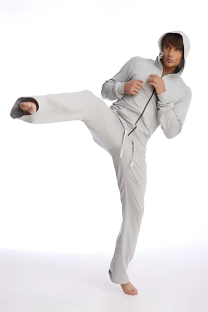 Light gray solid heather grey eco-track and yoga sweat pant set with full-zip front dark green zipper pull and white drawstrings
