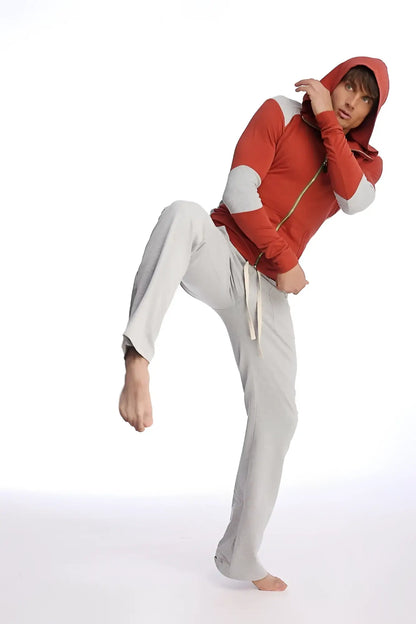 Red and gray zip-up hoodie with white sleeve panels paired with eco-track and yoga sweat pant in solid heather grey