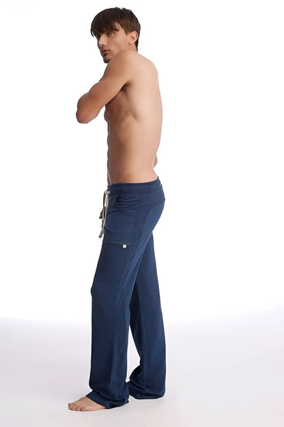 Navy blue eco-track and yoga sweat pant with loose fit drawstring waist and side pockets for comfortable wear