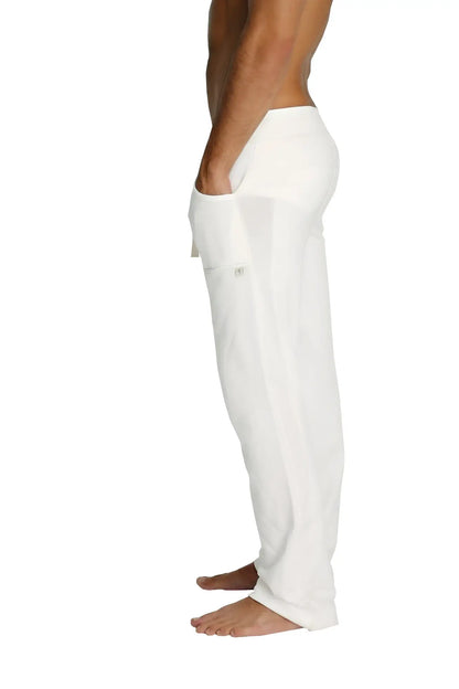 White eco-track and yoga sweat pant with loose fit relaxed style and side pockets for comfortable activewear use