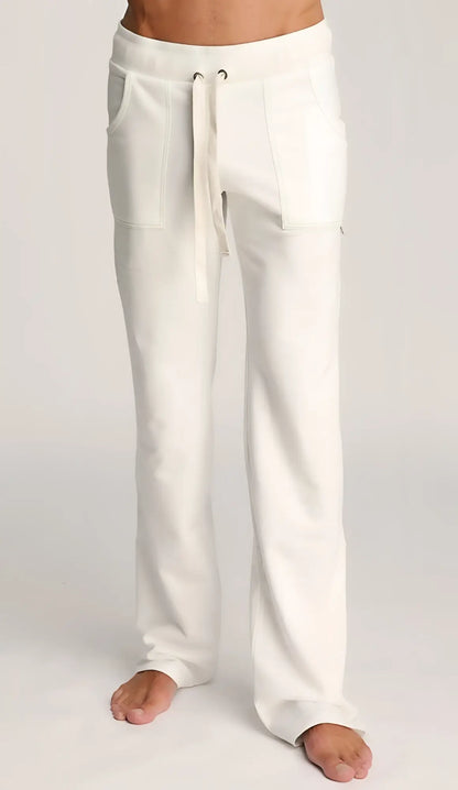 White eco-track and yoga sweat pant made of soft cotton with drawstring waist and side pockets for comfort