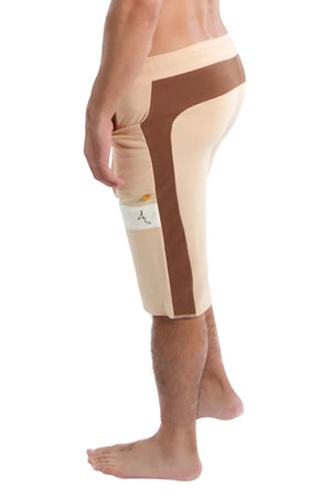 Beige and brown edge eco-track shorts with ribbed side panel and elastic waistband for athletic use