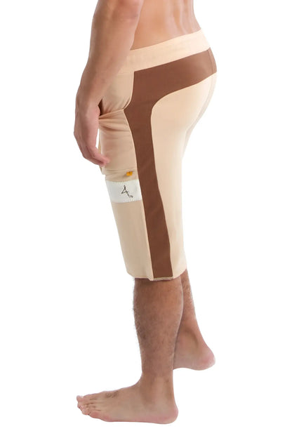 Beige and brown edge eco-track shorts with ribbed side panel and elastic waistband for athletic use