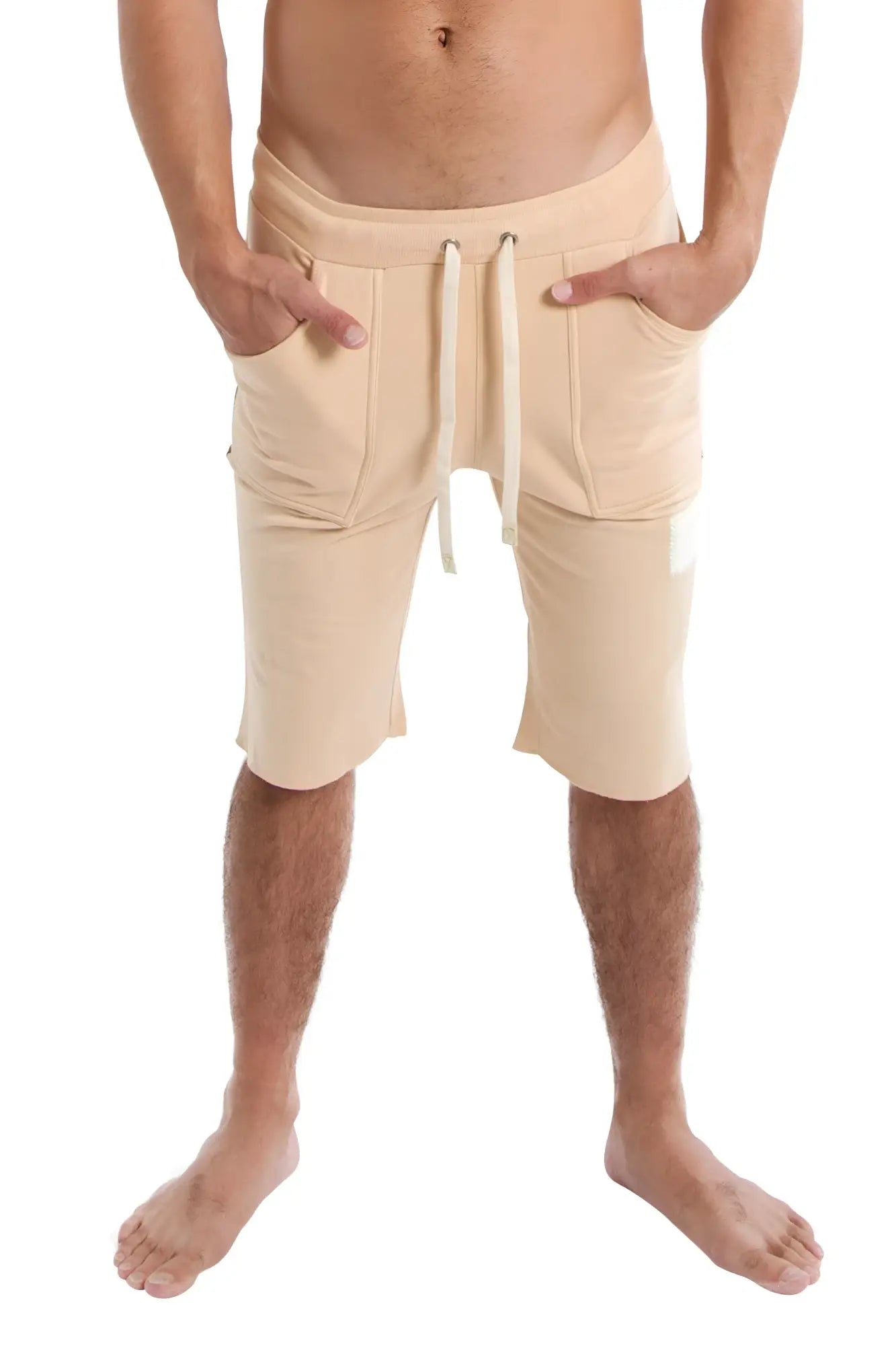 Beige sand edge eco-track shorts with chocolate drawstring relaxed fit and side pockets for casual wear
