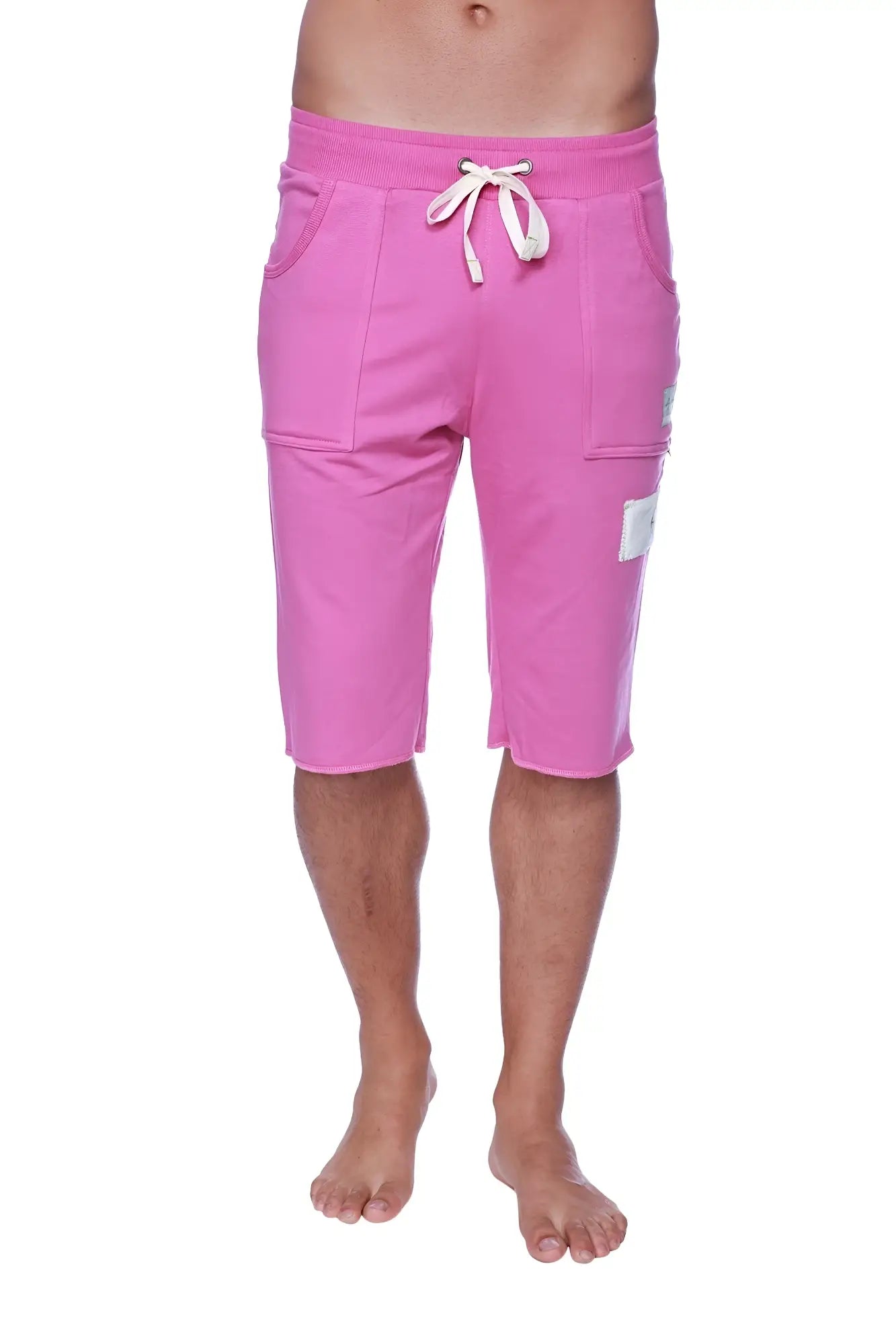 Pink edge eco-track cargo shorts with white drawstring and patch pockets in solid berry color