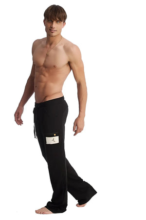Black edge eco-track and yoga sweat pant with drawstring waist and white rectangular patch on left thigh
