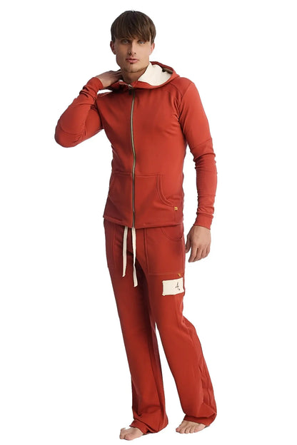 Red hooded sweatshirt with gold zipper white drawstrings and matching red Edge Eco-Track yoga sweat pant with white patch