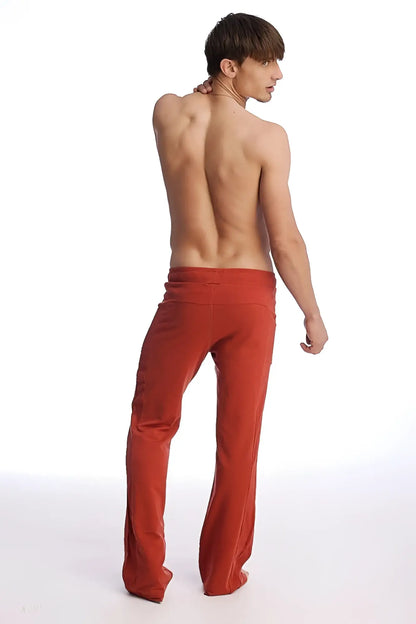 Red edge eco-track and yoga sweat pant with high waistband loose fit and straight leg cut in cinnabar color