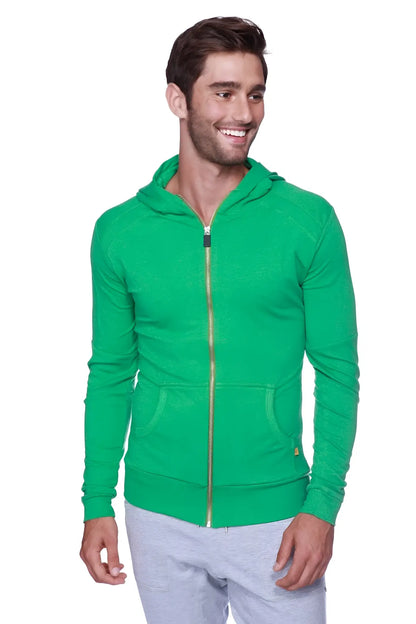 A vibrant green edge form-fit crossover yoga track hoodie with gold zipper and front pockets made from bamboo fabric