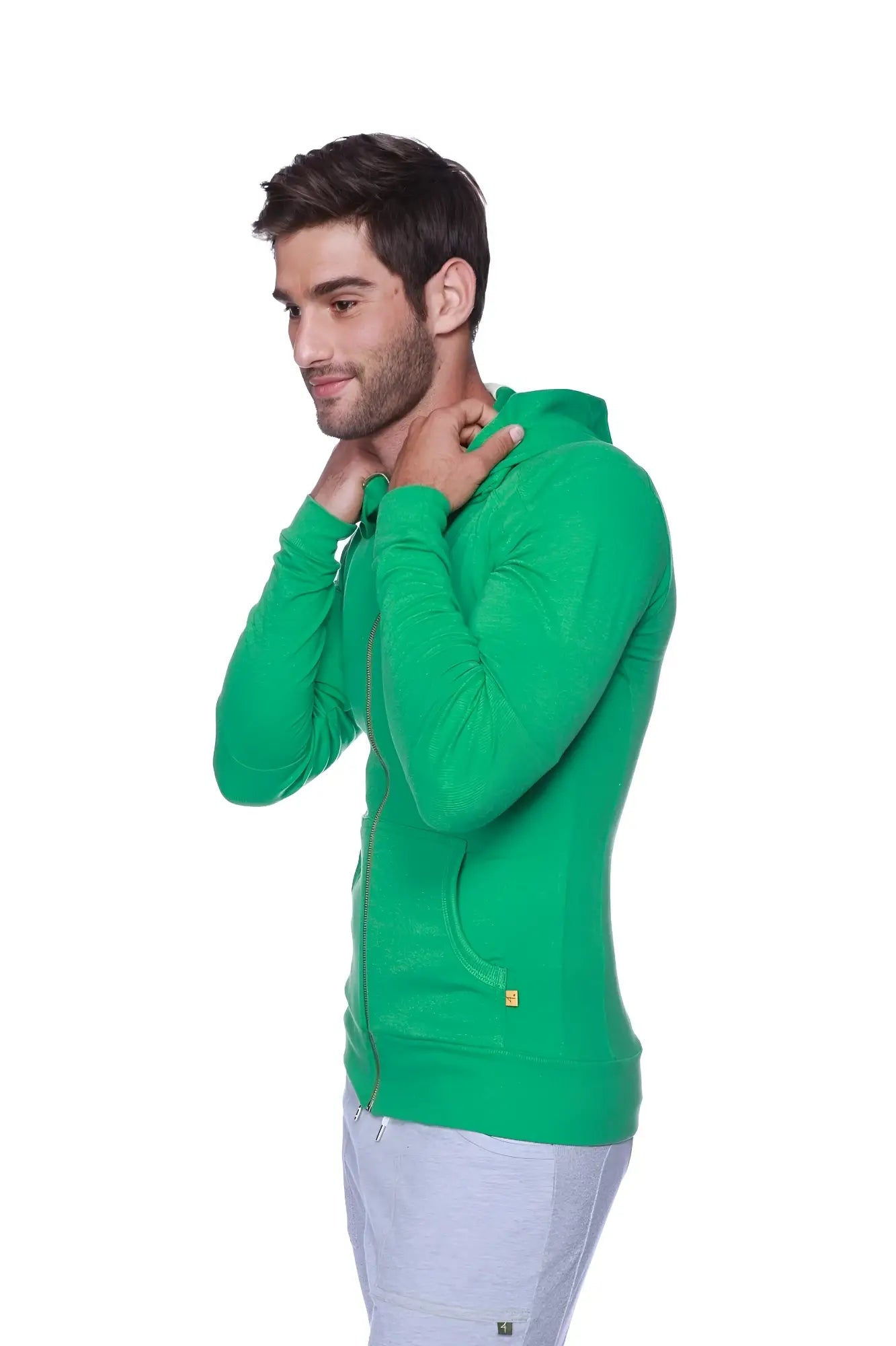 Vibrant bamboo green edge form-fit crossover yoga track performance hoodie with hood and front pocket