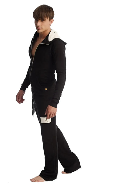 Black velour edge form-fit crossover yoga track performance hoodie with white hood lining and small gold chest logo