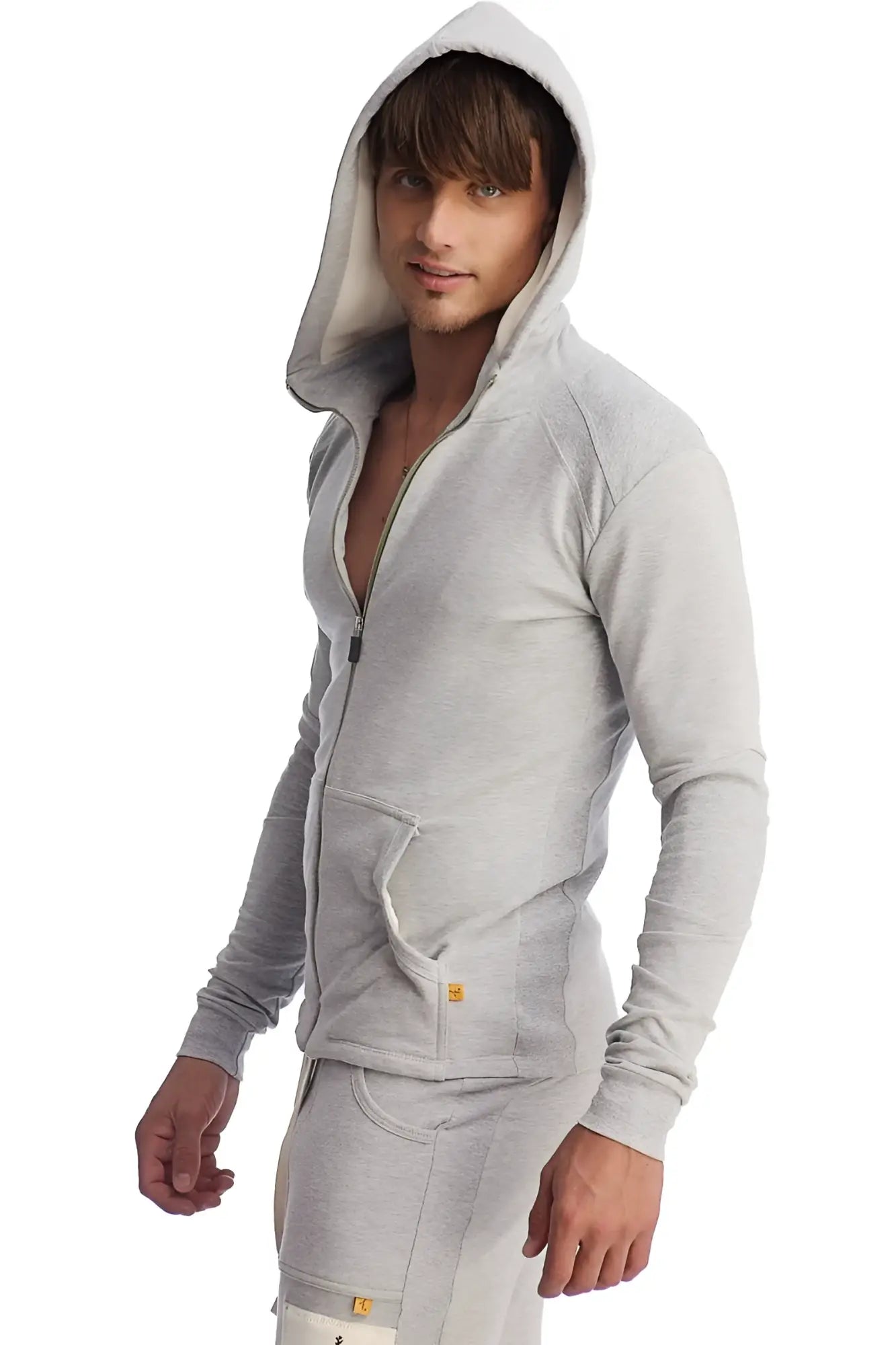 Edge form-fit crossover yoga track performance hoodie in heather grey with long sleeves and front pocket