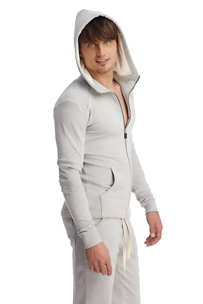 Light gray edge form-fit crossover yoga track hoodie with fleece lining and matching drawstring waistband