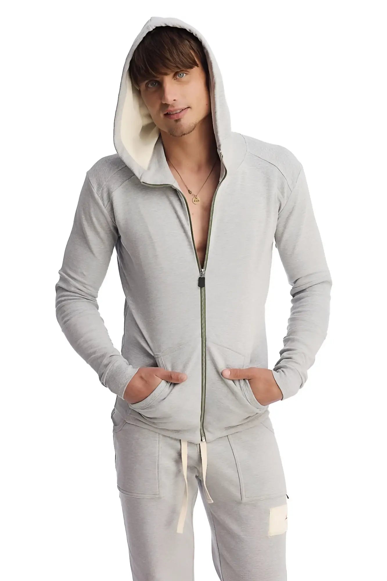 Edge form-fit crossover yoga track performance hoodie heather grey with cream interior lining and ribbed cuffs