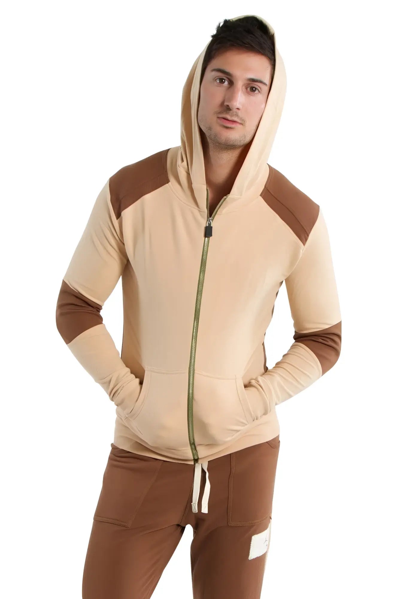Edge form-fit crossover yoga track performance hoodie in sand and chocolate with contrasting green zipper