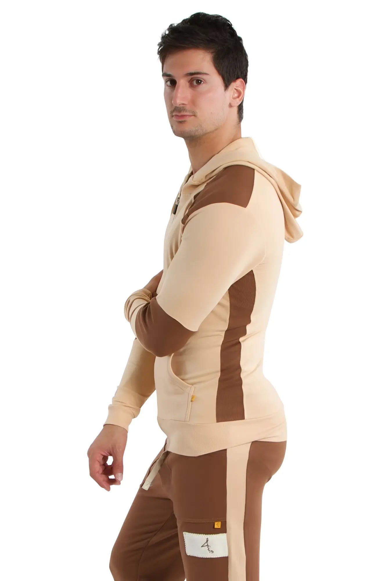 Beige and brown color-blocked edge form-fit crossover yoga track hoodie with hood zippered pockets and cargo details