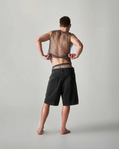 Black edge net mesh muscle tank with adjustable straps and sheer semi-transparent design in breathable fabric